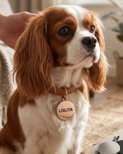 Hund mit runder personalisierter Hundemarke mit Lasergravur