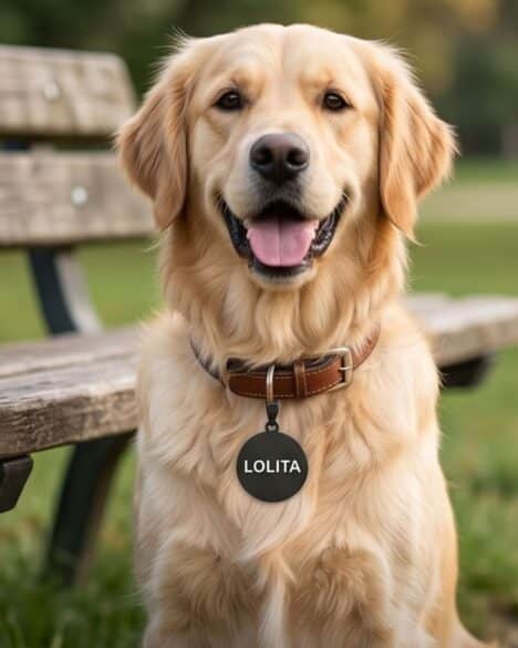 Hund mit runder personalisierter Hundemarke mit Lasergravur
