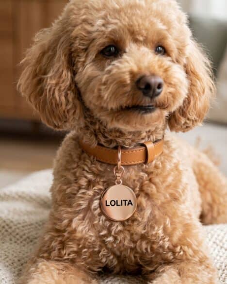 Hund mit runder personalisierter Hundemarke mit Lasergravur