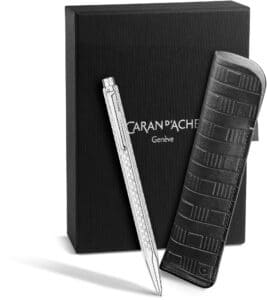CARAN D'ACHE Penna sfera Ecridor Damier 8902.566 platinato, astuccio in pelle