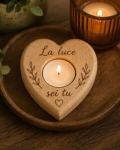 Portacandela a cuore in legno di faggio personalizzato 9 x 9 cm
